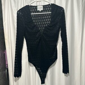 Easy Clothes, Black Lace, Deep V, Body Suit, Size S/M